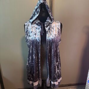 Crushed “velvet” open front hooded vest.